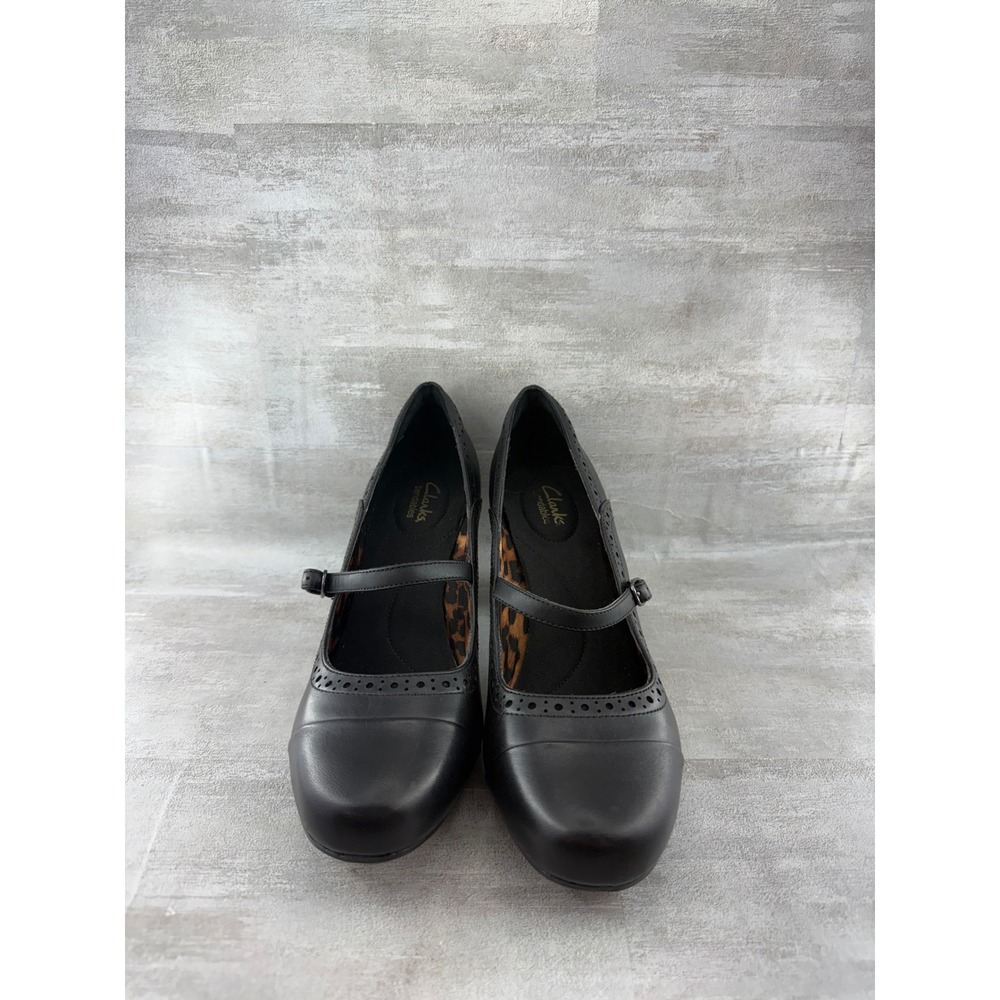 Clarks Bendables Black Leather Mary Jane Brogue Block Heels Women Sz 10M 67262